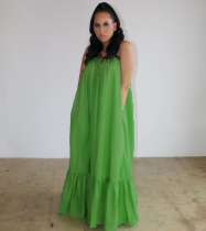 Women Summer Green Strap Solid Color Boho Swing Long Maxi Dress