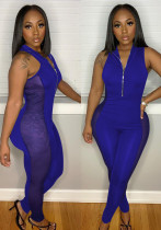 Women Summer Blue Casual Stand Collar Sleeveless Patchwork Mesh Full Length Skinny Jumpsuit