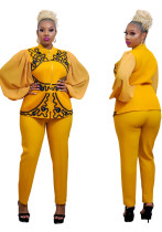 Mujeres otoño amarillo Vintage cuello alto manga completa cintura alta bordado sólido conjunto de pantalones de dos piezas regulares