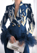 Mujer Primavera Azul Inglaterra Estilo Turn-down Collar Mangas completas Estampado de plumas Doble botonadura Blazer regular