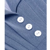 Women Summer Blue Vintage Turn-down Collar Full Sleeves Patchwork Button Midi Skater Dress