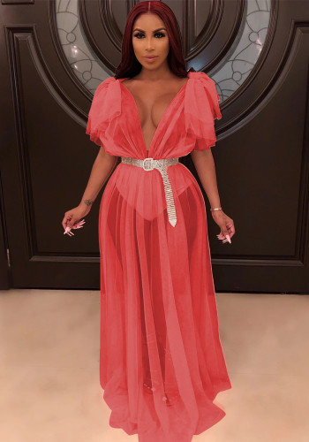 Women Summer Pink Sexy V-neck Short Sleeves Solid Cascading Ruffle Maxi Dress