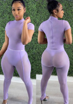 Conjunto de pantalones de dos piezas ajustados sólidos de cintura alta de manga corta de cuello alto Sexy púrpura de verano para mujer