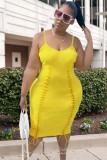 Women Summer Yellow Casual V-neck Sleeveless Solid Lace Up Midi Straight Plus Size Casual Dress