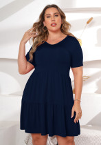 Women Summer Blue Casual V-neck Short Sleeves Solid Mini Loose Plus Size Casual Dress