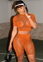 Set di pantaloncini a due pezzi attillati con patchwork a vita alta a maniche corte a collo alto casual arancione da donna
