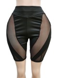 Women Summer Black Casual Turtleneck Short Sleeves High Waist Patchwork Skinny Two Piece Shorts Set