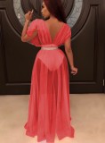Women Summer Pink Sexy V-neck Short Sleeves Solid Cascading Ruffle Maxi Dress