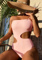 Frauen Pink Strap Solid Aushöhlen Einteiliger Badeanzug