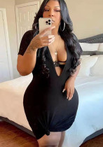 Women Summer Black Casual V-neck Short Sleeves Solid Midi Straight Plus Size Shirt Dress
