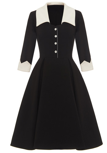 Kadın Bahar Siyah Vintage Turn-aşağı Yaka Üç Çeyrek Kollu Patchwork Düğme Midi Patenci Elbise