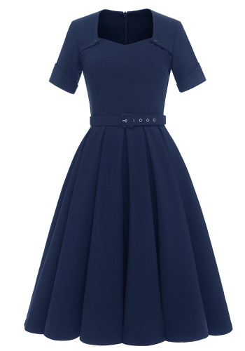 Women Summer Blue Modest Square Collar Short Sleeves Solid Belted Mini Skater Dress