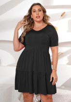 Women Summer Black Casual V-neck Short Sleeves Solid Mini Loose Plus Size Casual Dress