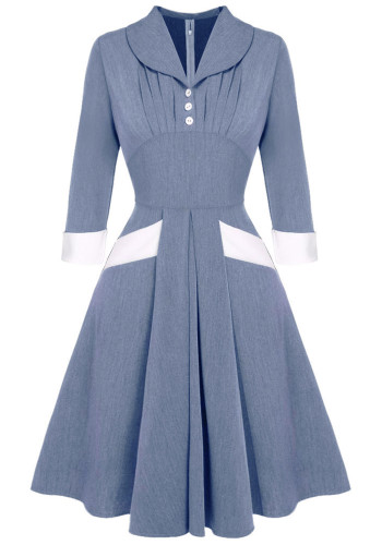 Kadın Yaz Mavi Vintage Turn-aşağı Yaka Tam Kollu Patchwork Düğme Midi Patenci Elbise
