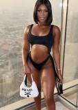 Women Black Halter Strap Solid Fringed One Piece Swimsuit