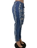 Women Summer Blue Pencil Pants High Waist Zipper Fly Solid Fringed Full Length Regular Jeans Pants