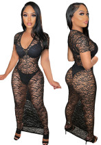 Frauen Sommer schwarz sexy V-Ausschnitt mit kurzen Ärmeln Solide aushöhlen Midi Straight Club Kleid