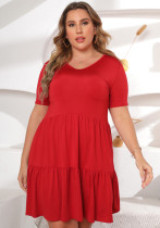 Женское летнее красное повседневное платье с v-образным вырезом и короткими рукавами, однотонное мини-свободное повседневное платье больших размеров