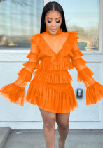 Dolcevita estivo da donna arancione dolcevita maniche lunghe vita alta solido volant a cascata set minigonna a due pezzi regolare