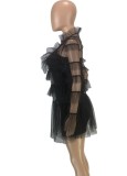 Women Summer Black Sweet Turtleneck Full Sleeves High Waist Solid Cascading Ruffle Regular MiniTwo Piece Skirt Set
