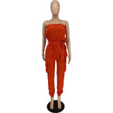 Women Summer Orange Casual Strapless Solid Belted Loose Jumpsuit