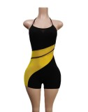Women Summer Yellow Sporty Halter Sleeveless Color Blocking Above Knee Skinny Rompers