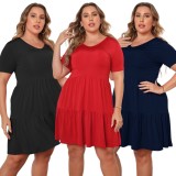 Women Summer Blue Casual V-neck Short Sleeves Solid Mini Loose Plus Size Casual Dress