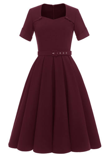 Женское летнее красное скромное квадратное платье с короткими рукавами и короткими рукавами, однотонное мини-платье с поясом