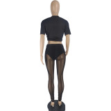 Women Summer Black Sports O-Neck Short Sleeves High Waist Solid Mesh Regular Two Piece Pants Set