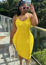 Women Summer Yellow Casual V-neck Sleeveless Solid Lace Up Midi Straight Plus Size Casual Dress