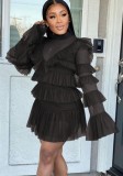 Women Summer Black Sweet Turtleneck Full Sleeves High Waist Solid Cascading Ruffle Regular MiniTwo Piece Skirt Set