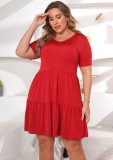 Women Summer Red Casual V-neck Short Sleeves Solid Mini Loose Plus Size Casual Dress