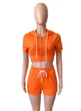Women Summer Orange Casual Hooded Full Sleeves High Waist Solid Pockets Regular Two Piece Shorts Set