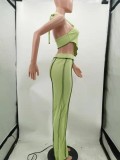 Women Summer Green Sexy Halter Sleeveless High Waist Solid Regular Two Piece Pants Set