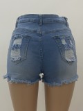 Women Summer Blue Straight High Waist Zipper Fly Solid Hollow Out Short Regular Jeans Shorts