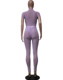 Women Summer Purple Sexy Turtleneck Short Sleeves High Waist Solid Mesh Skinny Two Piece Pants Set