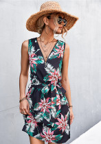 Mini vestido de vacaciones acampanado con cinturón y estampado floral sin mangas con cuello en V informal estampado de verano para mujer