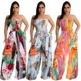 Women Summer Printed Casual Strapless Sleeveless Tie Dye Belted Full Length Loose Jumpsuit