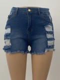 Women Summer Blue Straight High Waist Zipper Fly Solid Hollow Out Short Regular Jeans Shorts