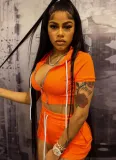 Women Summer Orange Casual Hooded Full Sleeves High Waist Solid Pockets Regular Two Piece Shorts Set