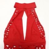 Women Summer Red Modest Turtleneck Sleeveless Solid Hollow Out Maxi Dress