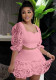 Women Summer Pink Sweet Square Collar Half Sleeves High Waist Patchwork Lace Regular MiniTwo Piece Skirt Set