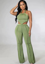 Frauen-Sommer-Grün-reizvoller Halter-Sleeveless hohe Taillen-fester regelmäßiger zweiteiliger Hosen-Satz