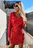 Women Summer Orange Casual V-neck Full Sleeves Floral Print Mini Bodycon Dress