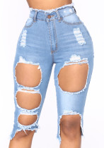 Damen-Sommer-Blau, gerade, hohe Taille, Reißverschluss, fest, aushöhlen, knielang, normale Jeans-Shorts