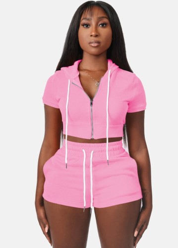 Women Summer Pink Casual Hooded Short Sleeves High Waist Solid Pockets Regular Two Piece Shorts Set