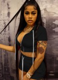 Women Summer Black Casual Hooded Short Sleeves High Waist Solid Pockets Regular Two Piece Shorts Set