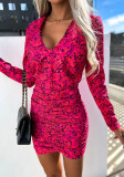 Women Summer Red Casual V-neck Full Sleeves Floral Print Mini Bodycon Dress