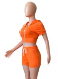 Women Summer Orange Casual Hooded Full Sleeves High Waist Solid Pockets Regular Two Piece Shorts Set
