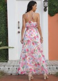 Women Summer Printed Sweet Halter Sleeveless Floral Print Cascading Ruffle Maxi Dress